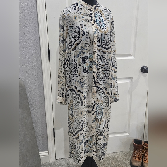 H&M Sheer Floral Kaftan Button Down Tunic Coverup Boho Resort Beach Shirt Dress - Picture 4 of 4